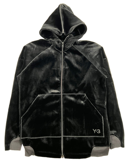 A Y-3 HOODIE IL2149 VELVET FZ HDY BLACK with a hood.