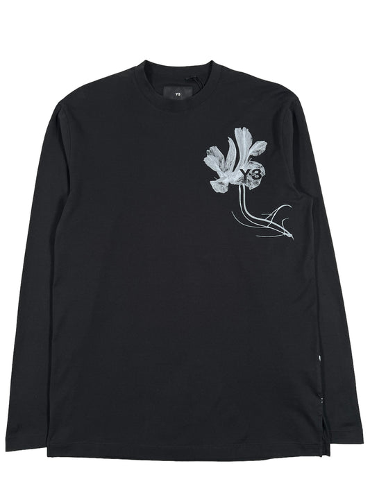 A black graphic Y-3 long sleeve t-shirt with a flower on it, made of 100% Cotton.