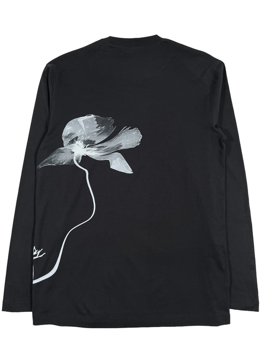 A black Y-3 LONG SLEEVE T-SHIRT IN4351 GFX LS TEE BLACK with a white flower on it, made of 100% Cotton.