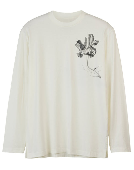 A white long sleeve ADIDAS x Y-3 graphic t-shirt with a black flower on it.