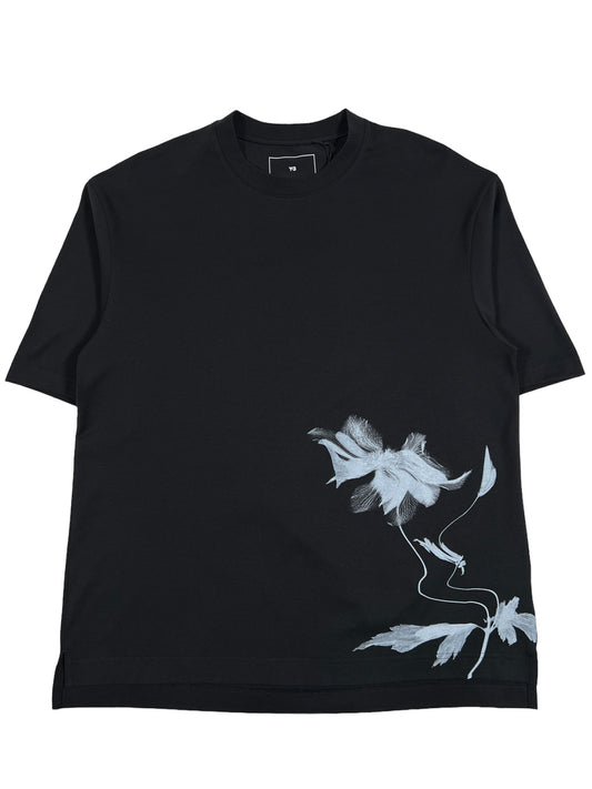 A black ADIDAS x Y-3 graphic t-shirt with a white flower on it.