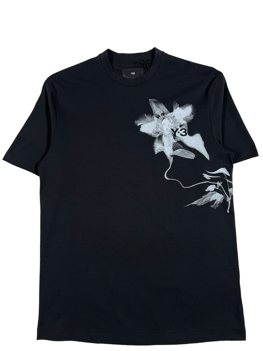 A black ADIDAS x Y-3 graphic t-shirt with a white flower on it.