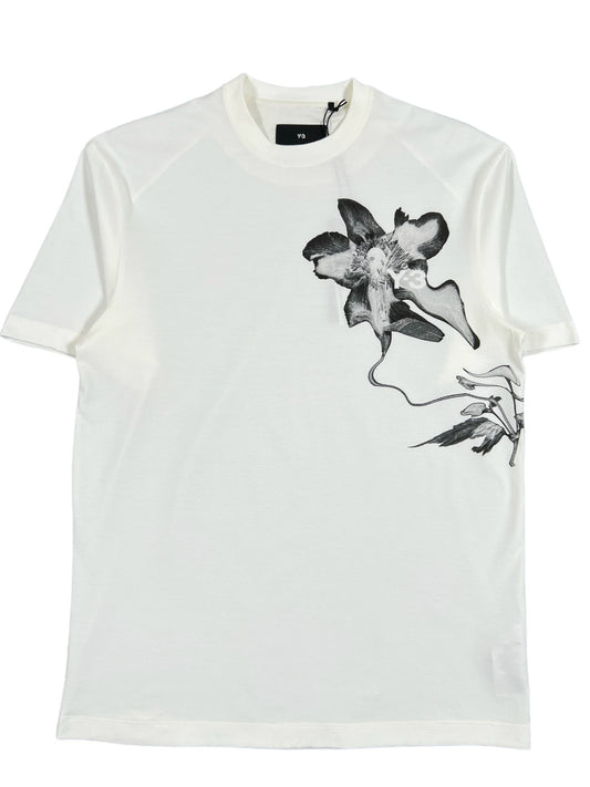 A white 100% Cotton Y-3 T-SHIRT IV7737 GFX SS TEE 1 OFF WHITE with a black flower on it. Designed by ADIDAS x Y-3.