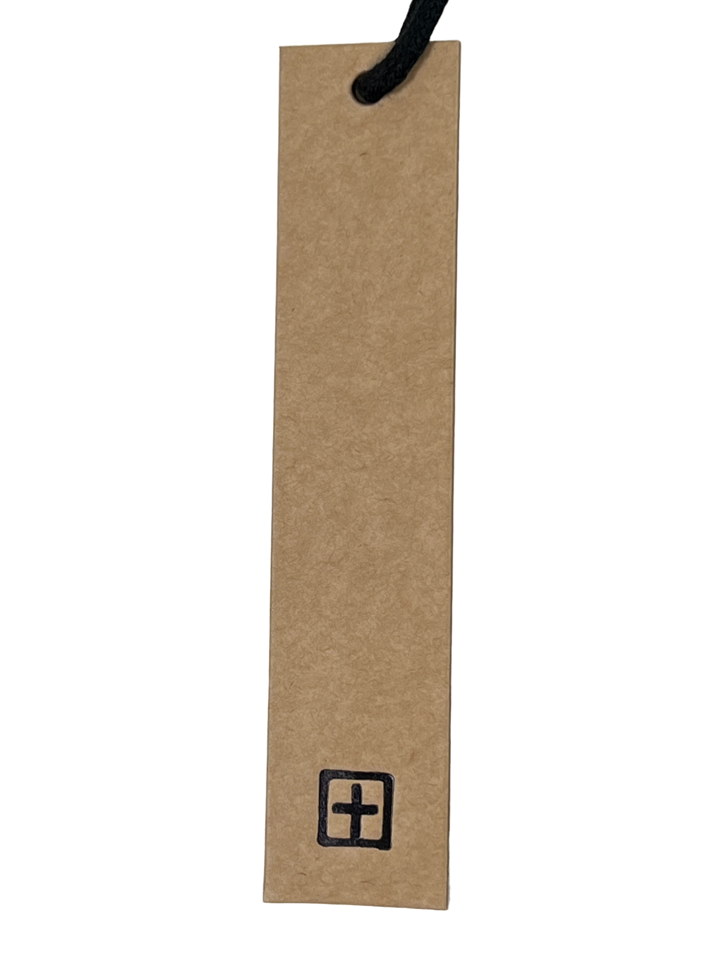 A rectangular, brown paper tag featuring a simple black plus symbol and black string attached at the top center, perfect for pairing with a KSUBI SPACE PALM BIGGIE SS TEE JET BLACK.