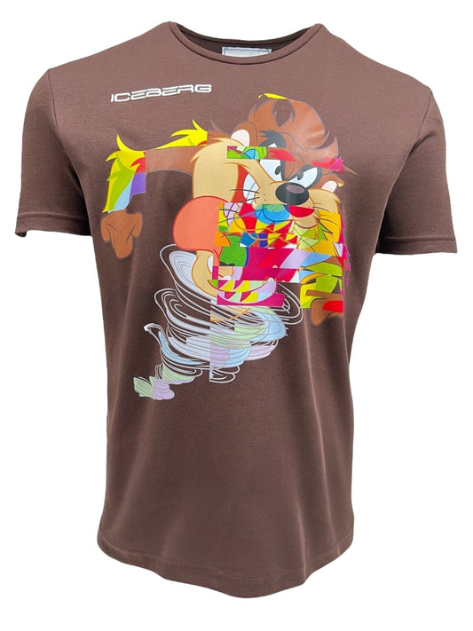 Brown T-shirt by ICEBERG featuring a colorful, abstract cartoon character design inspired by Taz-mania and labeled as Iceberg F01A-6307-2160 T-Shirt Brown.