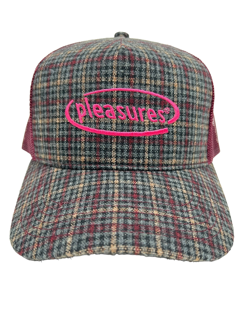 The PLEASURES HAPPIER PLAID TRUCKER MAROON hat is a plaid-patterned trucker cap featuring a pink embroidered "pleasures" logo on the front, crafted from a durable blend of Nylon and Polyester.