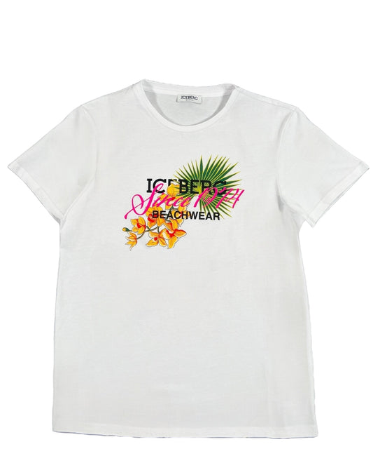 The Iceberg ICE3MTS02 T-Shirt Flower White, designed by ICEBERG, showcases a tropical graphic print with green leaves, orange flowers, and the phrase "Too Sweet Beachwear" in bold black and pink lettering. Made from 100% cotton for ultimate comfort, this t-shirt infuses vibrant island vibes into your wardrobe.