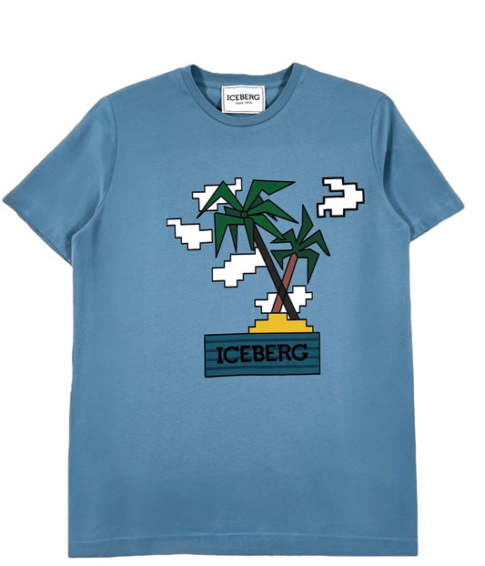 The Iceberg F021-6301-6373 T-Shirt Celeste by ICEBERG is made of 100% cotton and showcases an embroidered graphic of two pixelated palm trees, clouds, and the bold word "ICEBERG" on the front.