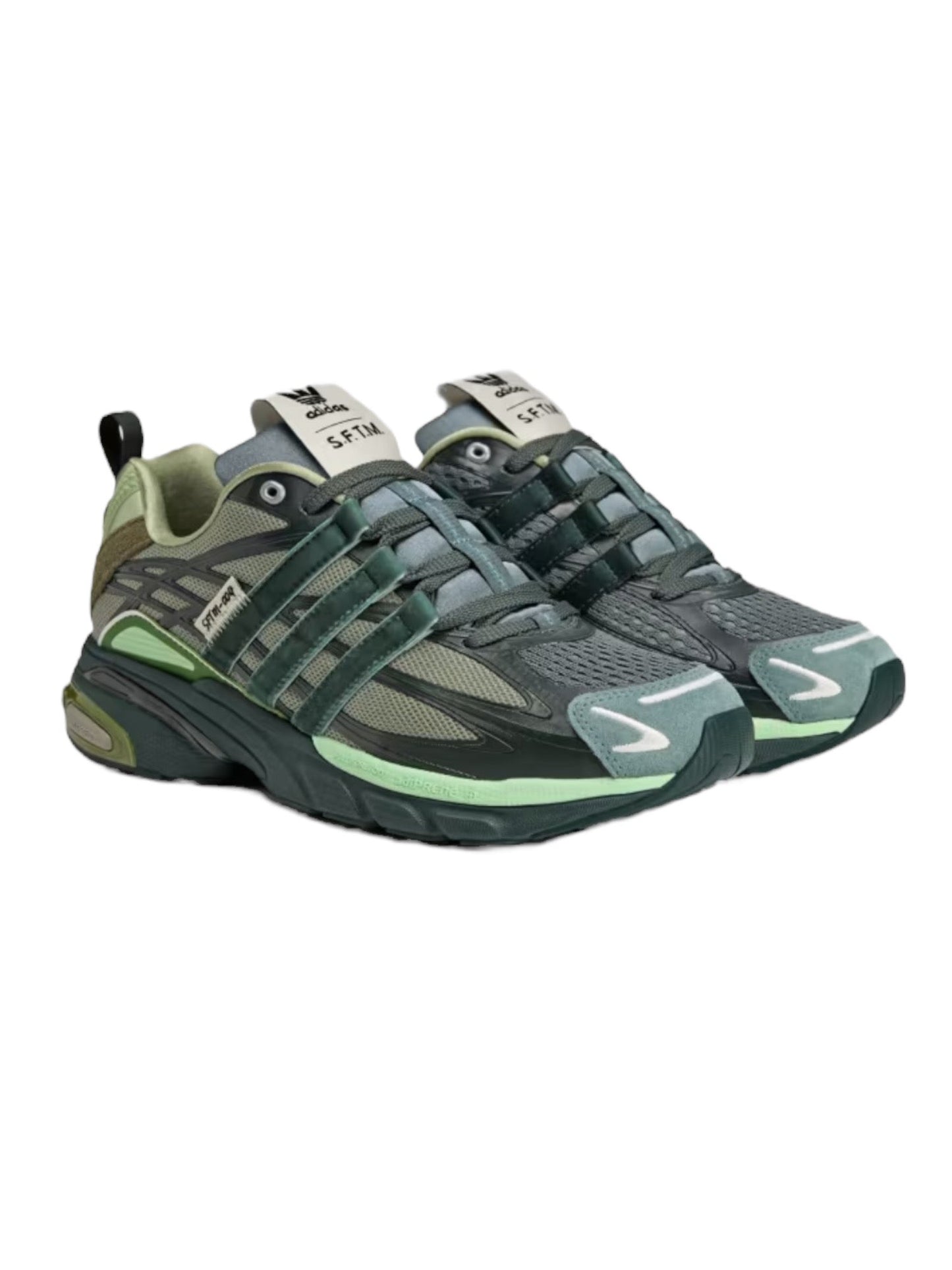 The Adidas X Song For The Mute Jh9008 Adistar Cushion Sft Shagr athletic sneakers feature a stylish green and gray colorway with a mesh design, striped accents, and black pull tabs set against a white base. These comfortable trainers are perfect for both workouts and everyday wear.