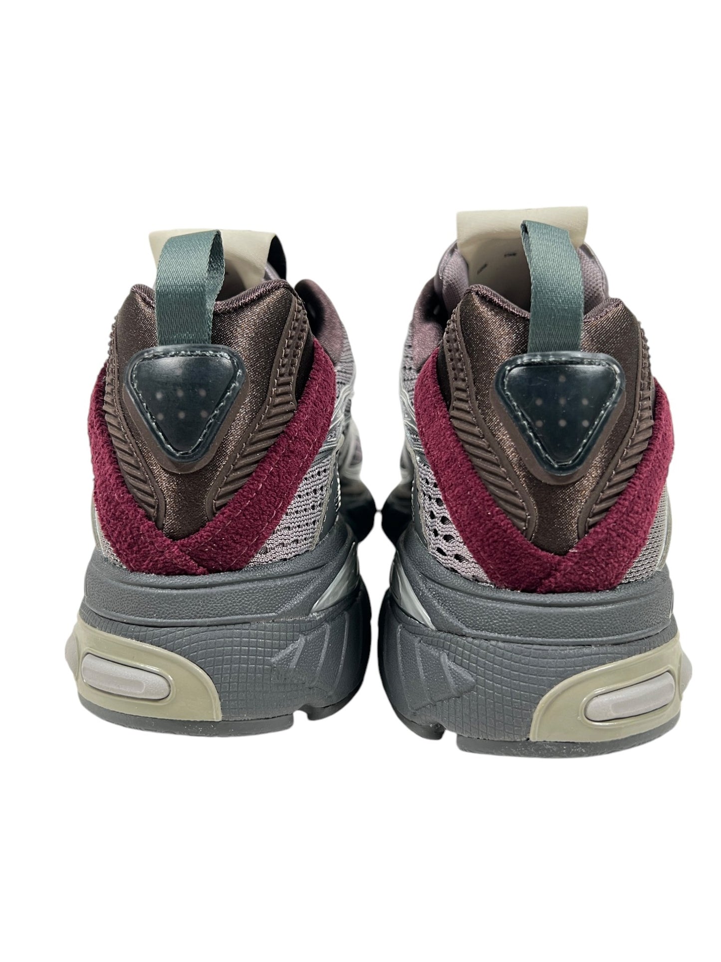 Rear view of an Adidas X Song For The Mute Jh9009 Adistar Cushion Sft Taume trainers, designed for comfort with gray and burgundy accents, featuring textured soles, a traction outsole, and padded collars.