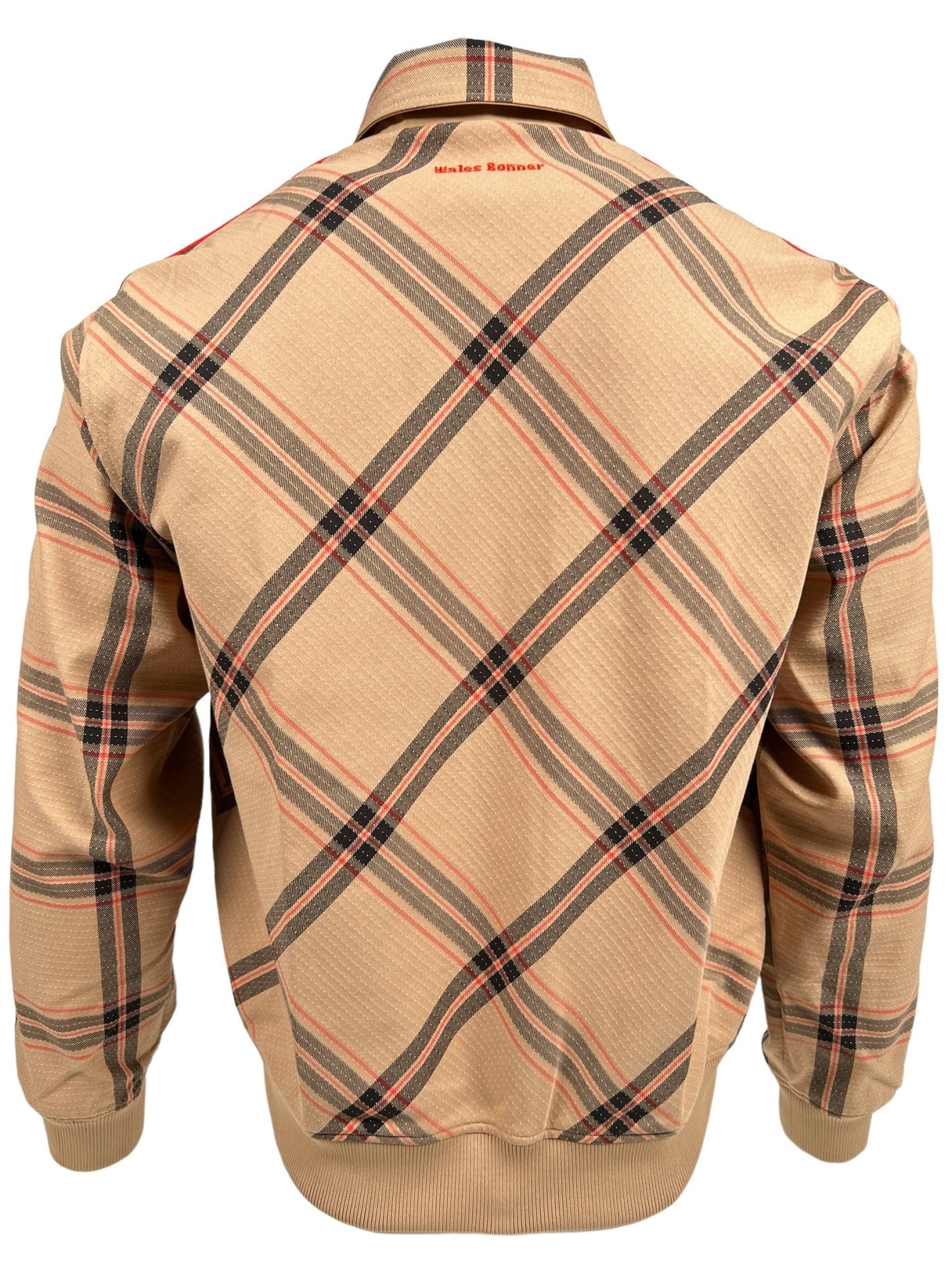 A beige ADIDAS x WALES BONNER jacket with a classic check pattern, displayed from the back, featuring a ribbed collar and a two-way zip fastening.