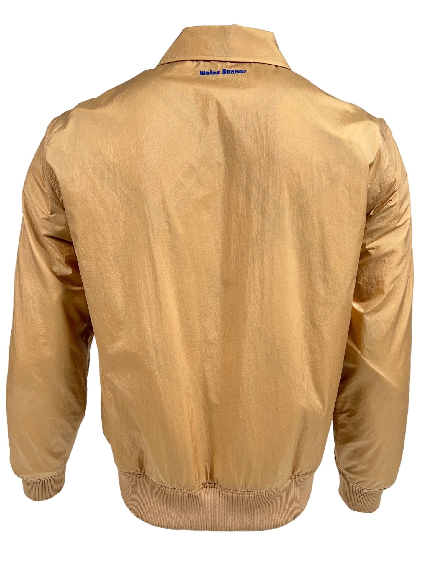 Golden satin bomber jacket from ADIDAS x WALES BONNER displayed from the back, featuring ribbed cuffs and a two-way zip fastening.