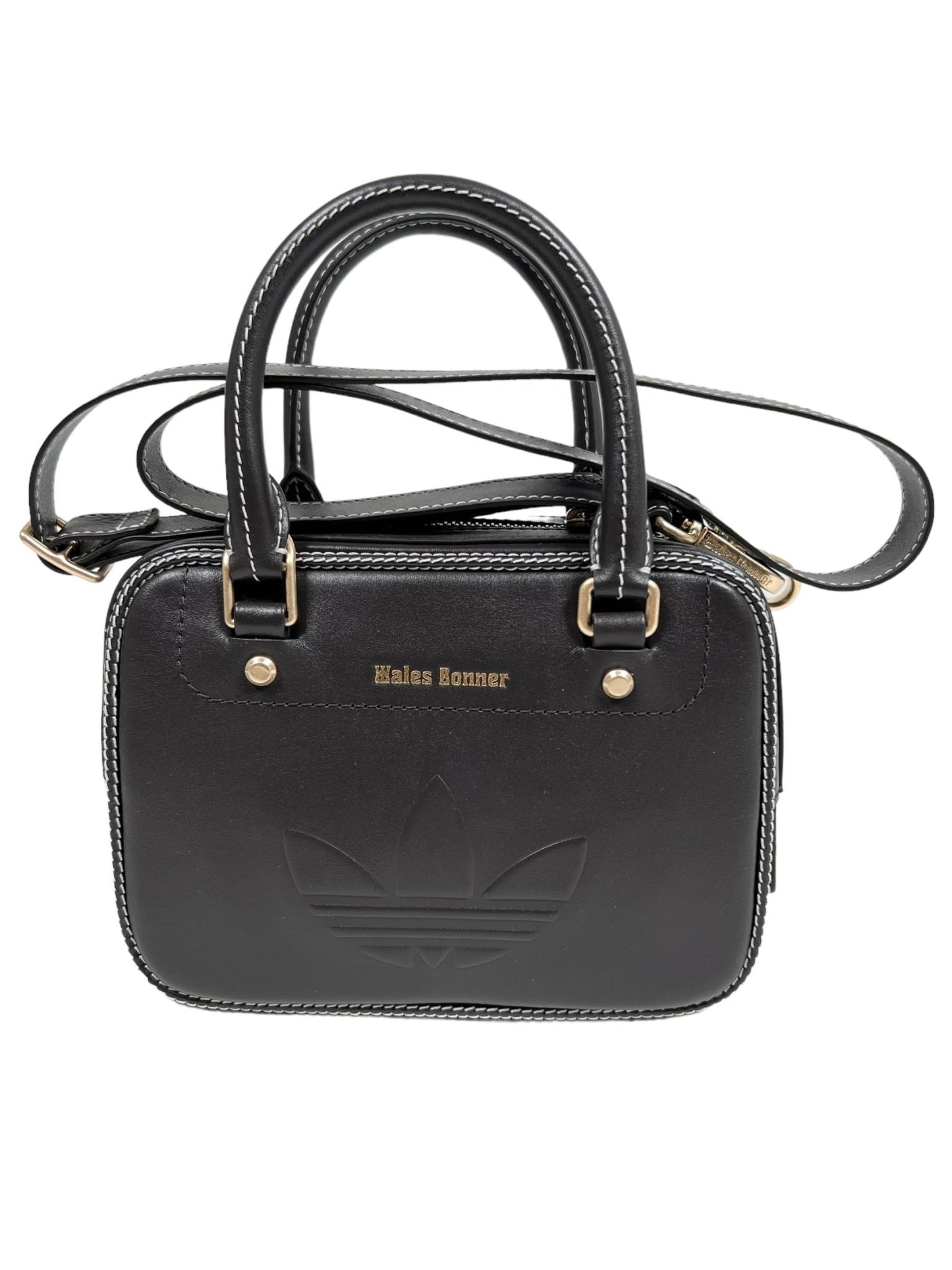 A black leather handbag with an embossed Adidas logo and "Wales Bonner" text, featuring dual handles and an adjustable shoulder strap, perfectly capturing the essence of the Adidas x Wales Bonner collaboration.