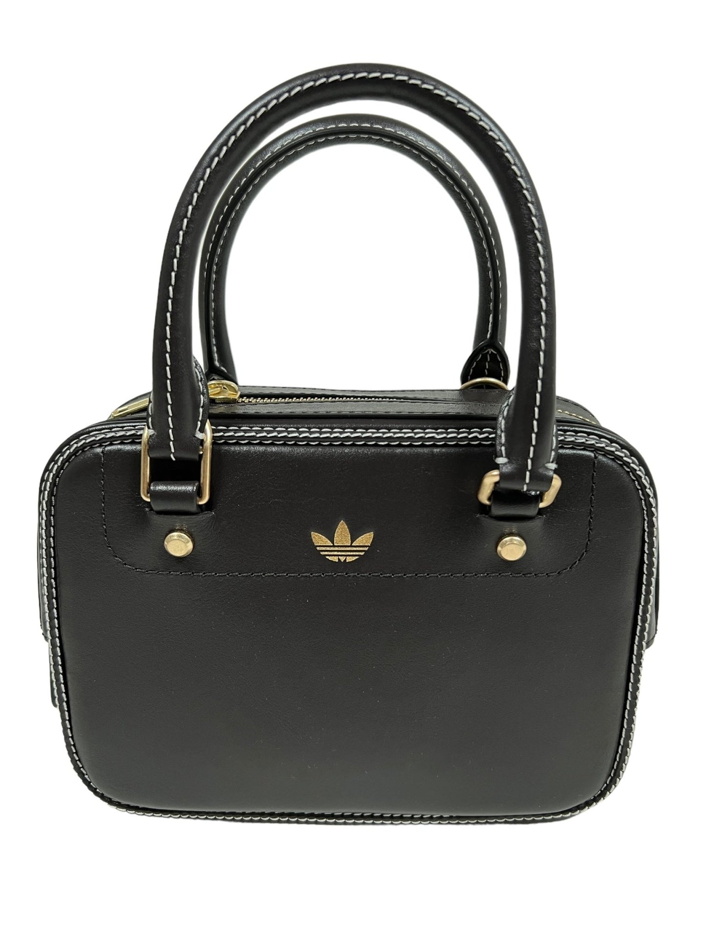 A black handbag with dual handles, featuring a gold logo on the front and gold hardware accents, complements the sleek style of the Adidas x Wales Bonner collaboration.