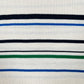 The Adidas x Wales Bonner JM8203 WB Knit Polo WonWh features a white base with blue, black, and green horizontal stripes of different thicknesses for a vintage-inspired look.