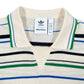 Close-up of the Adidas x Wales Bonner JM8203 WB Knit Polo WonWh, featuring multicolored horizontal stripes and visible ADIDAS x WALES BONNER brand tags on the inside collar.