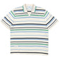 The Adidas x Wales Bonner JM8203 WB Knit Polo WonWh is a short-sleeved cream polo with a V-neck and navy, green, and blue horizontal stripes.