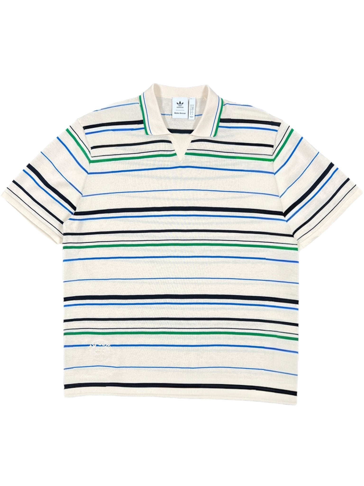 The Adidas x Wales Bonner JM8203 WB Knit Polo WonWh is a short-sleeved cream polo with a V-neck and navy, green, and blue horizontal stripes.