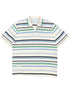 The Adidas x Wales Bonner JM8203 WB Knit Polo WonWh is a short-sleeved cream polo with a V-neck and navy, green, and blue horizontal stripes.