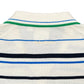 Close-up of the back neckline of the ADIDAS x WALES BONNER JM8203 WB Knit Polo WonWh, a cream sweater with blue, green, and black stripes, featuring "wales bonner" embroidered in yellow, nodding to a classic striped polo style.