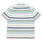 The Adidas x Wales Bonner JM8203 WB Knit Polo WonWh is a white short-sleeve polo with blue, green, and black horizontal stripes, shown from the back.
