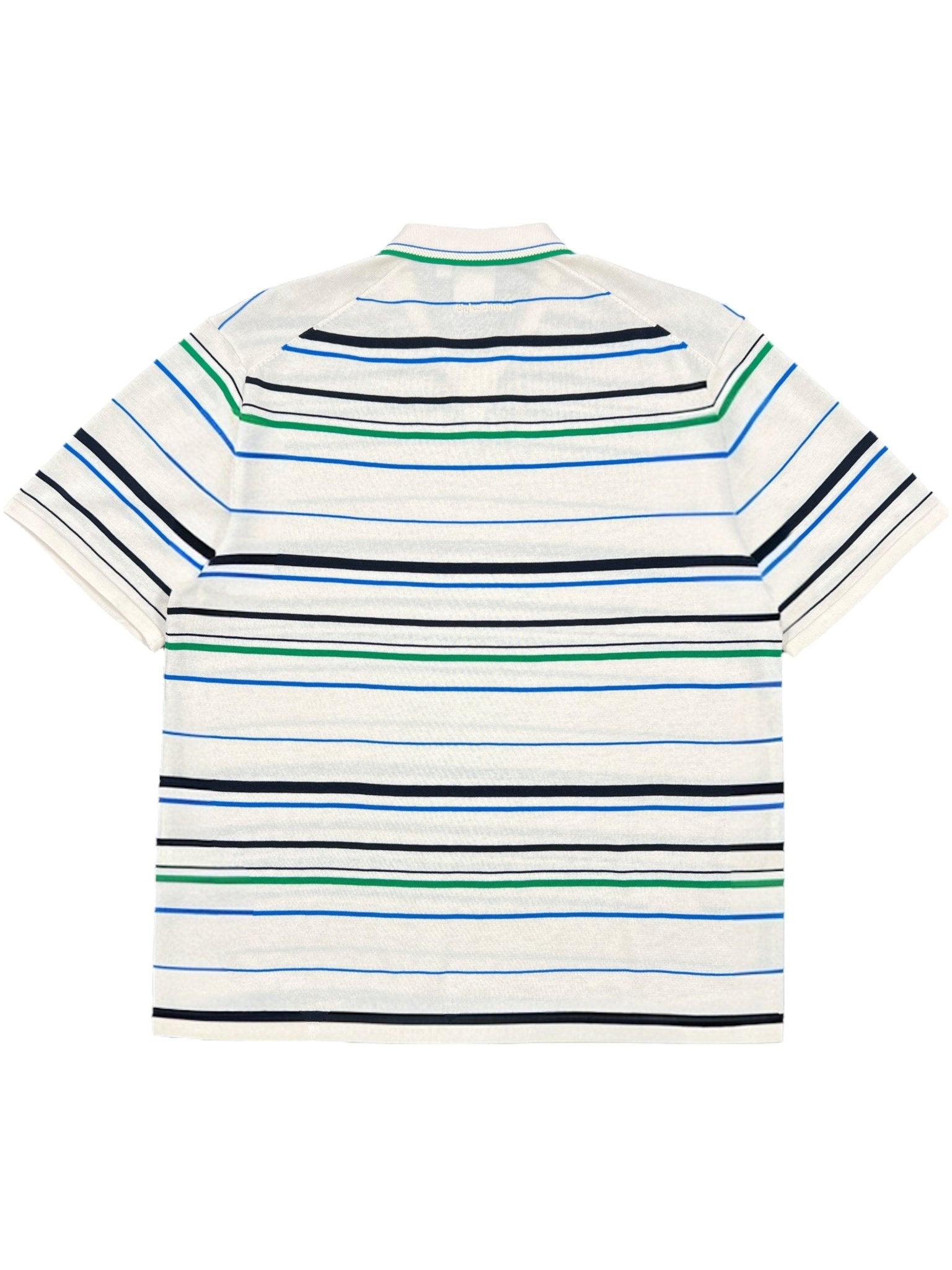The Adidas x Wales Bonner JM8203 WB Knit Polo WonWh is a white short-sleeve polo with blue, green, and black horizontal stripes, shown from the back.