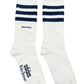 The Adidas x Wales Bonner JV8684 WB 3S Sock NtNavy features a classic white crew style with two navy stripes and black "Wales Bonner adidas" text, showcasing the signature blend of both brands' iconic designs.