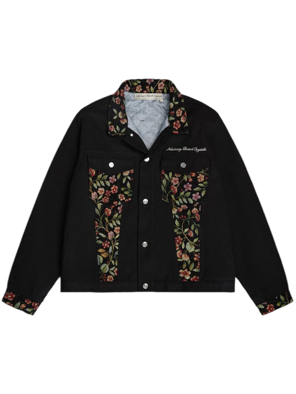 The Advisory Board Crystals Abc. Floral Jacquard & Canvas Jacket in black, by ADVISORY BOARD CRYSTALS, showcases Japanese paisley floral embroidery on the collar, pockets, and cuffs complemented by silver buttons.