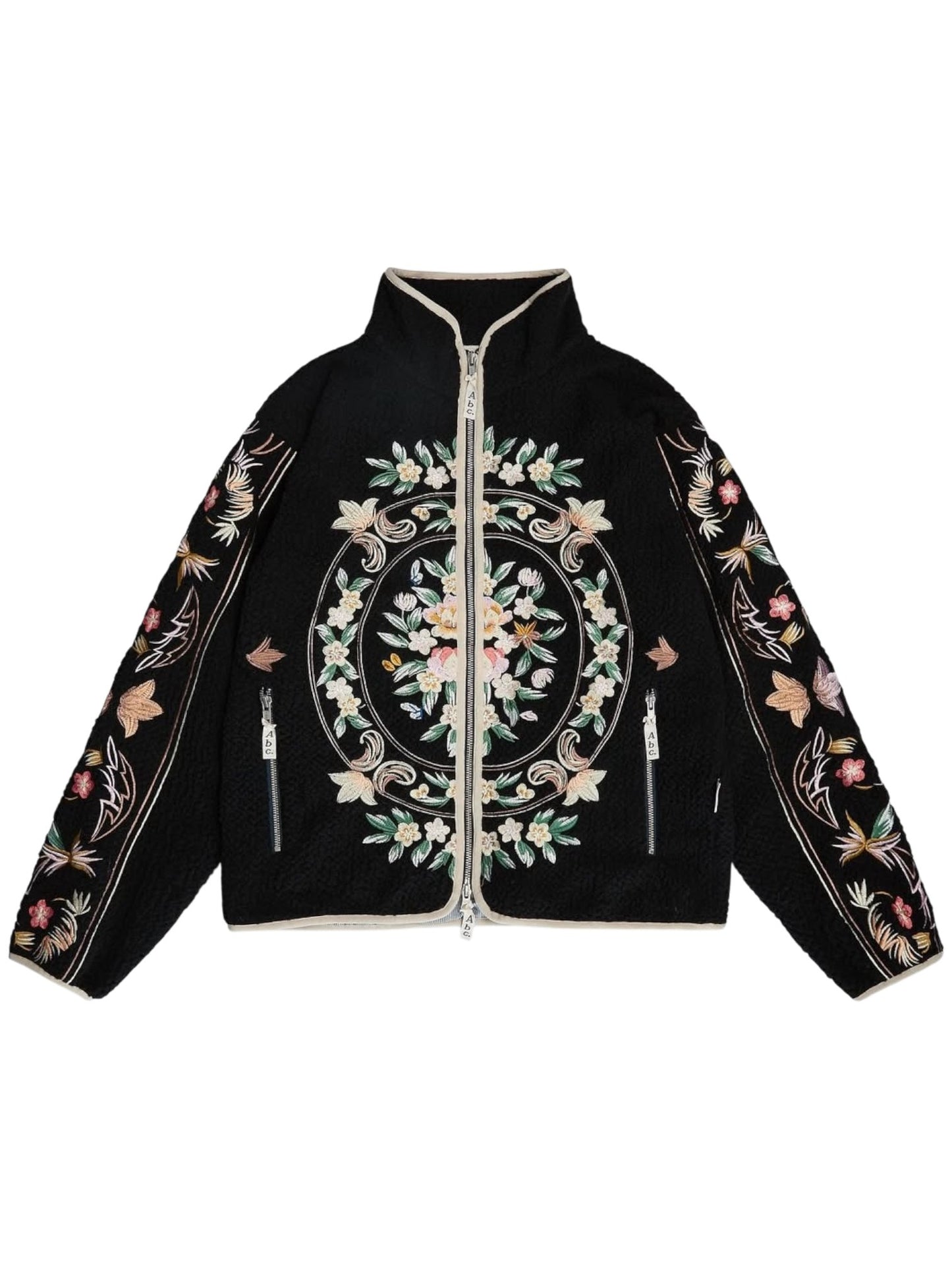 The Advisory Board Crystals Floral Fleece Zip-Up Black from ADVISORY BOARD CRYSTALS features intricate floral embroidery, highlighting a central circular design on the front and matching patterns on the sleeves.