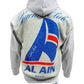 Grey AL AIN AHOX S150 YACHT LIMITED hoodie with large blue, red, and white yacht club-themed graphic on back. "Yacht Club" written at top, "AL AIN" at bottom. Blue and white yacht emblem in center. Perfect streetwear piece made from 100% cotton by AL AIN.