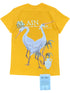 The Al Ain AMHX S120 Jabalia Ocre Yellow t-shirt features two white cranes with green plants and a white jug on the back, "AL AIN" in bold white text above, embroidered branding, and a blue "Al Ain" tag below.