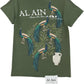 The Al Ain AMHX S121 Peacock Militaire graphic t-shirt by AL AIN features bold “AL AIN” text, white script, six peacocks on branches above a white vase, a matching bottom tag, and an embroidered accent.