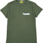 The Al Ain AMHX S121 Peacock Militaire by AL AIN is an olive green short-sleeve graphic t-shirt with a yellow "Al Ain" neck label and an embroidered "AL AIN" logo on the left chest, partially covered by a gray strip.