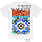 The AL AIN Al Ain AMHX-S815 Haj T-shirt White is a 100% cotton tee with a geometric blue & orange mosaic design on the back, "AL AIN ACADÉMIE" text at the top, and a rectangular label near the hem. Made in Italy.