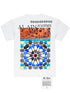 The AL AIN Al Ain AMHX-S815 Haj T-shirt White is a 100% cotton tee with a geometric blue & orange mosaic design on the back, "AL AIN ACADÉMIE" text at the top, and a rectangular label near the hem. Made in Italy.