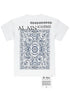 The AL AIN Al Ain AMHX-S817 Sekaya T-shirt White is made in Italy from 100% cotton, featuring a blue ornate floral and geometric design with "AL AIN ACADÉMIE" above it and a small printed tag at the bottom.