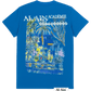 The AL AIN AMHX-S818 Majorelle T-shirt Orient is a blue 100% cotton tee with a colorful abstract tropical scene and "AL AIN ACADÉMIE" text on the back, plus a branded label below. Made in Italy.