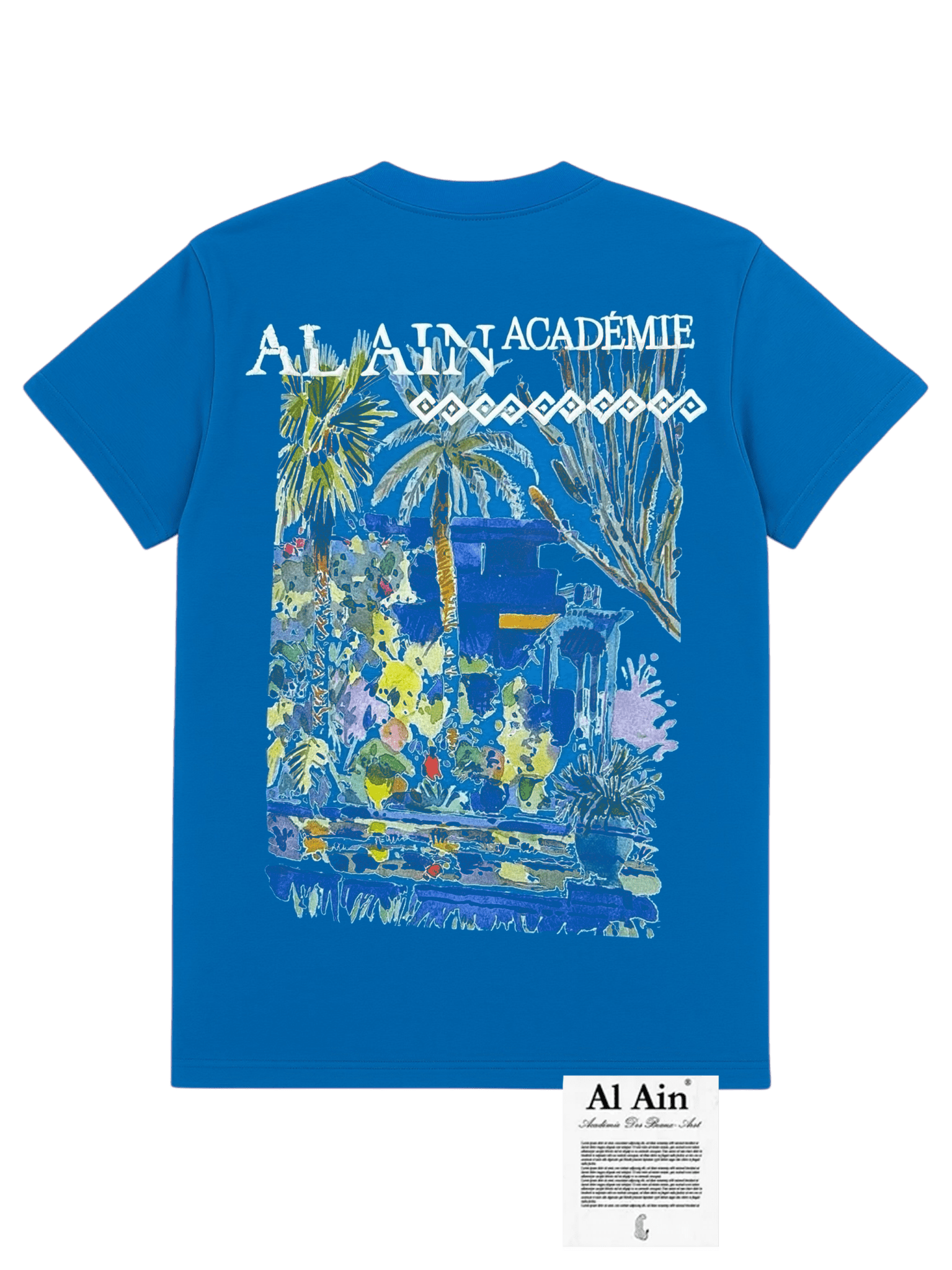 The AL AIN AMHX-S818 Majorelle T-shirt Orient is a blue 100% cotton tee with a colorful abstract tropical scene and "AL AIN ACADÉMIE" text on the back, plus a branded label below. Made in Italy.