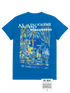 The AL AIN AMHX-S818 Majorelle T-shirt Orient is a blue 100% cotton tee with a colorful abstract tropical scene and "AL AIN ACADÉMIE" text on the back, plus a branded label below. Made in Italy.