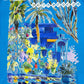 The Al Ain AMHX-S818 Majorelle T-shirt Orient by AL AIN features colorful palm trees, plants, and a blue building with "ALAIN ACADÉMIE" in white. Made of 100% cotton and proudly Made in Italy.