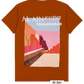 The Al Ain AMHX-S820 Almas T-shirt Ambra by AL AIN is a rust-colored, 100% cotton shirt with abstract desert art and "AL AIN ACADÉMIE" text on the back. Features a branded tag and is made in Italy for quality and comfort.
