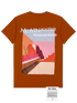 The Al Ain AMHX-S820 Almas T-shirt Ambra by AL AIN is a rust-colored, 100% cotton shirt with abstract desert art and "AL AIN ACADÉMIE" text on the back. Features a branded tag and is made in Italy for quality and comfort.