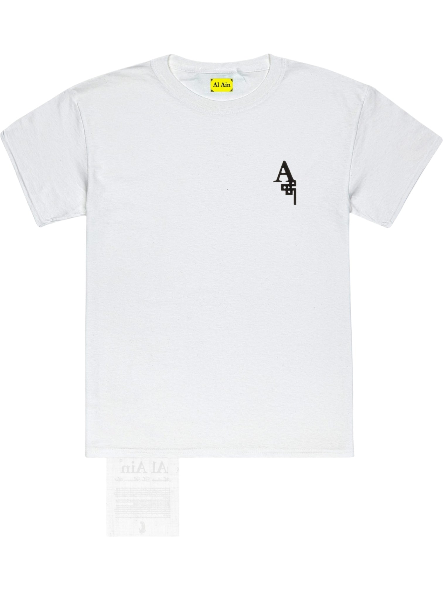 The AL AIN Al Ain AMHX-S821 Makan T-shirt Natural is a plain white 100% cotton tee with a small black "AI Ain" logo on the left chest, yellow neck label, and made in Italy.