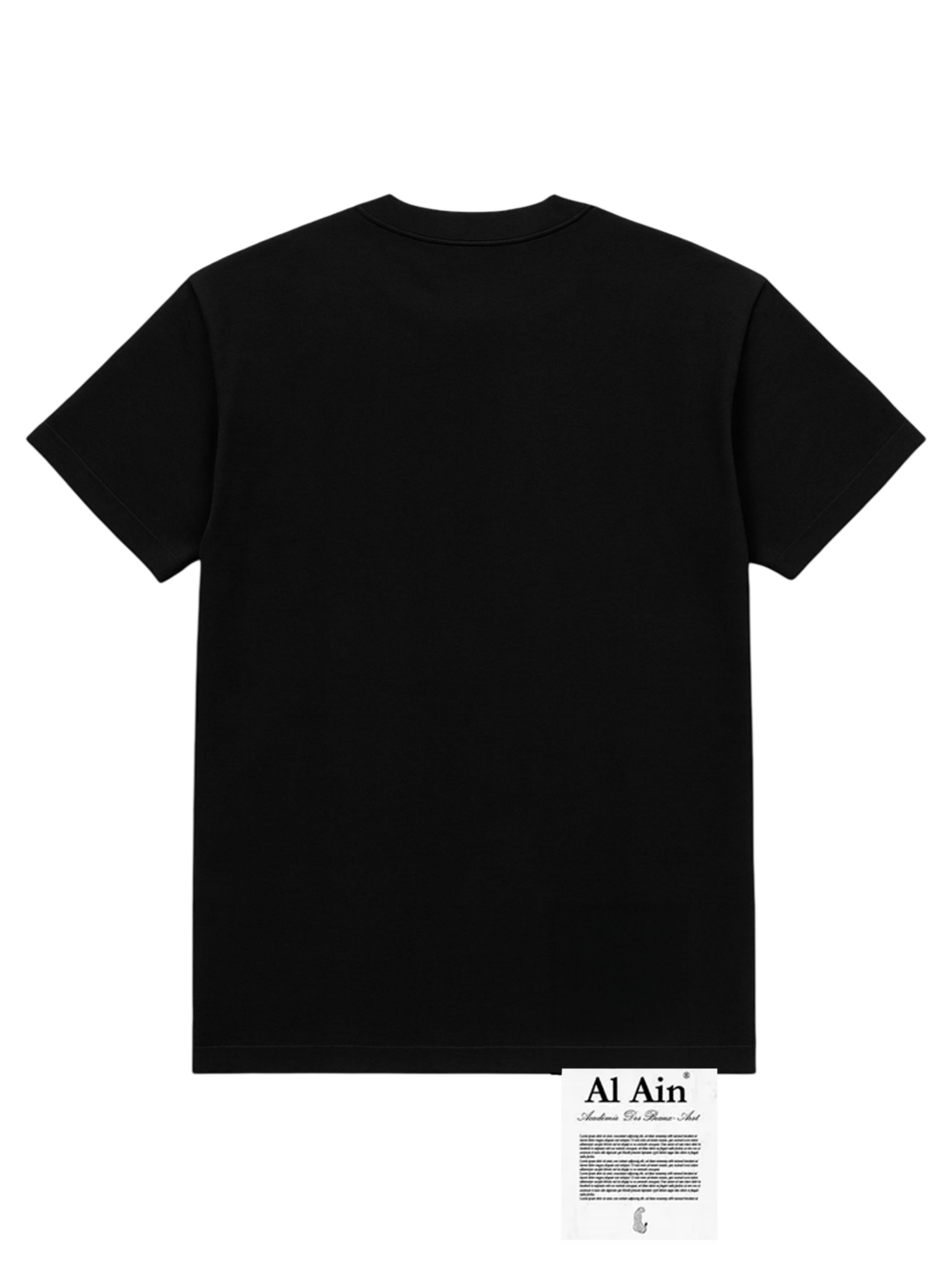 The Al Ain AMHX-S870 Detruit T-shirt Black by AL AIN, made from 100% cotton, is shown laid flat with a white "Al Ain" tag attached to the bottom hem.