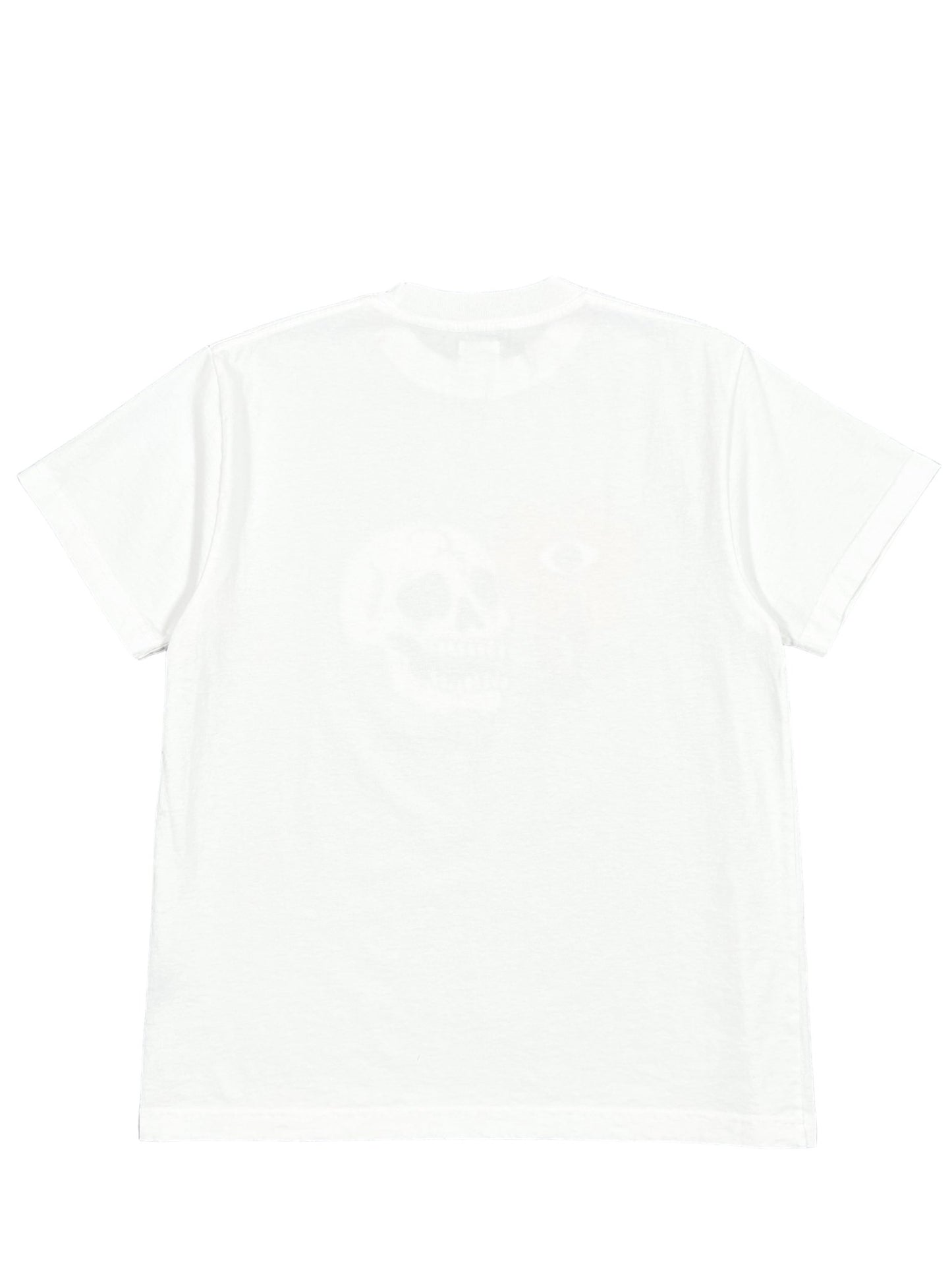 The ALCHEMIST FLORAL SKULL TEE 2 WHITE is a plain white short-sleeve graphic T-shirt, featuring a subtle, translucent print of a skull and eye on the back. This unique piece offers a touch of mystery with its vintage washed finish, making it both stylish and distinctive.