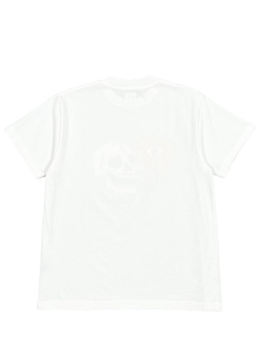 The Alchemist Floral Skull Tee 2 White by ALCHEMIST is a white T-shirt featuring a subtle skull and eye design on the back, with a vintage washed finish that adds an ALCHEMIST flair.