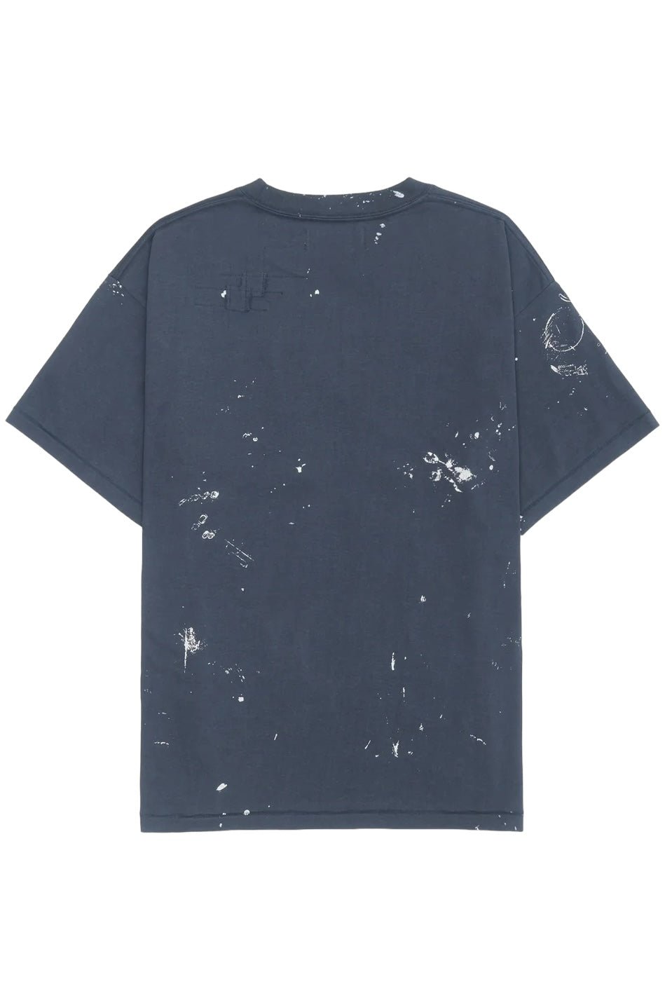 Explore edgy fashion with the Domrebel Atelier Pocket Tee in dark blue by DOM REBEL, showcasing a bold paint splatter design on the front and back.