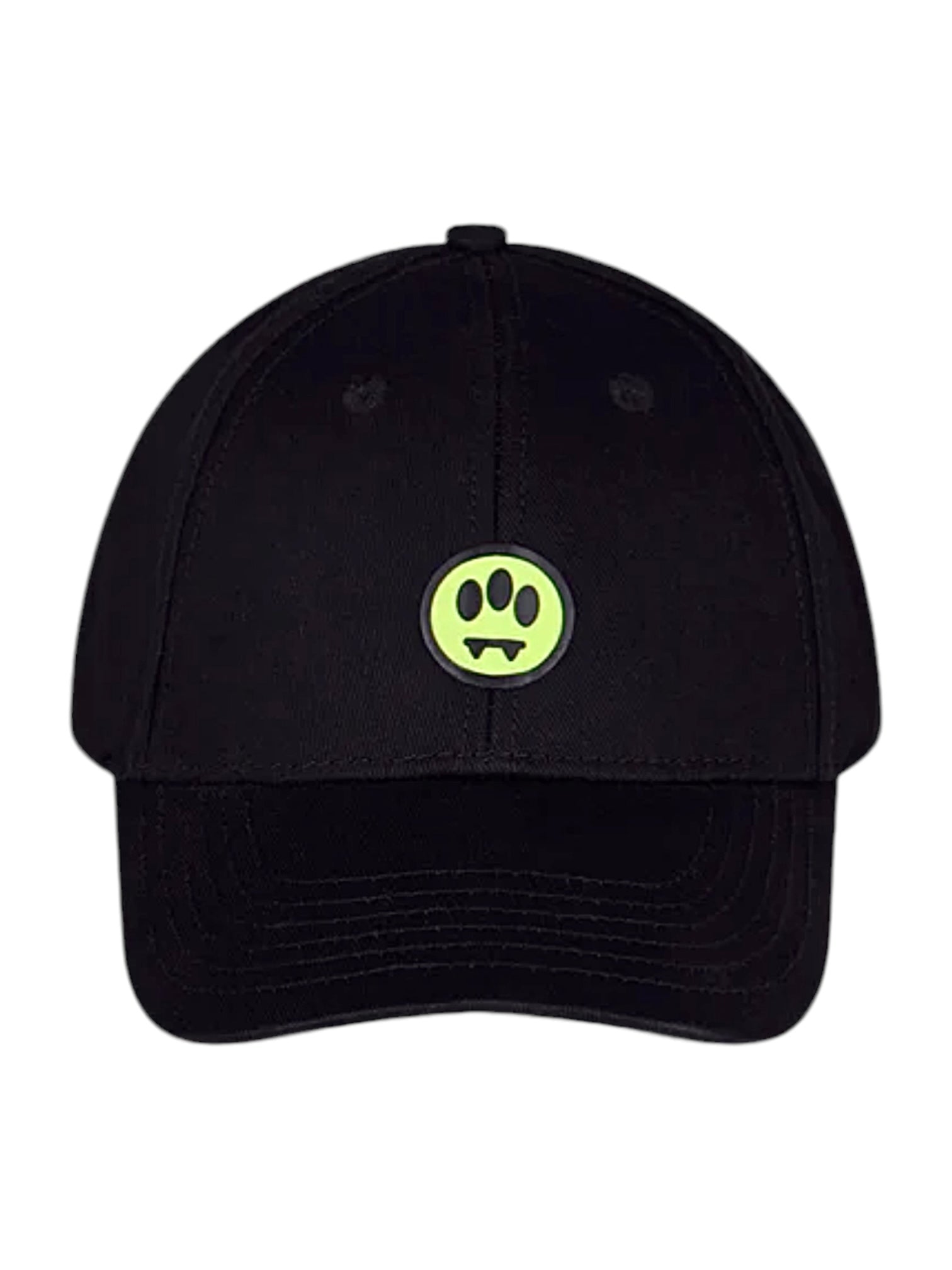 The Barrow F4bwuabc027 Trucker Nero/Black by BARROW is a black baseball hat with a green circular logo showing a paw print and fangs, enhanced with a 3D patch for texture.