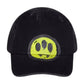 The Barrow F4BWUABC028 Trucker Nero/Black by BARROW features a black, distressed texture, is crafted from 100% cotton, and showcases a bright yellow smiley face on the front.