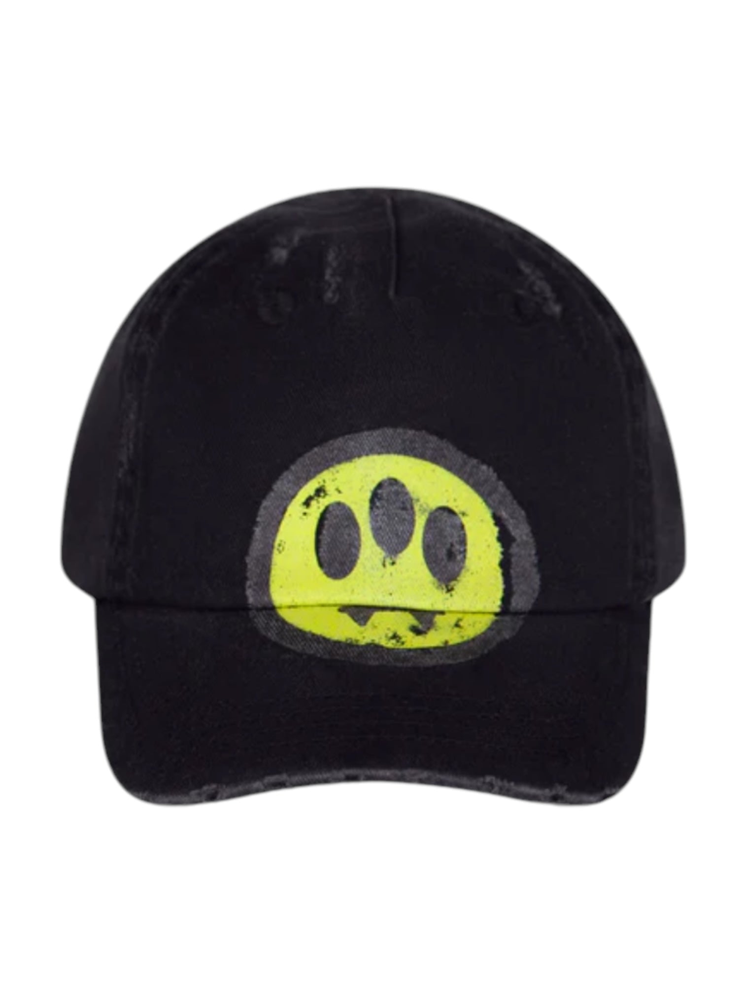 The Barrow F4BWUABC028 Trucker Nero/Black by BARROW features a black, distressed texture, is crafted from 100% cotton, and showcases a bright yellow smiley face on the front.